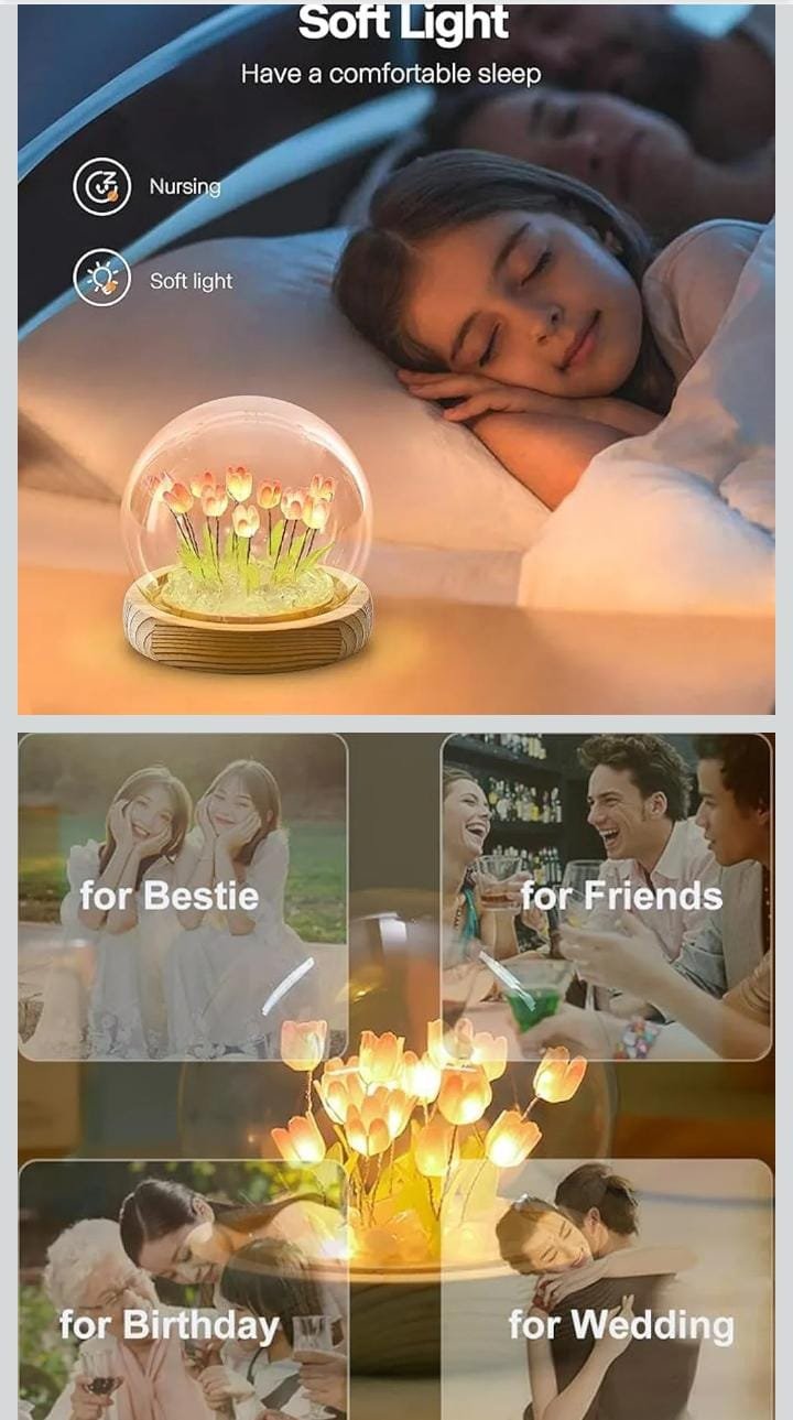 Tulip Night Light Dome Lamp – Soft LED Flower Light with Wooden Base | Romantic Bedside & Gift Lamp - Image 4