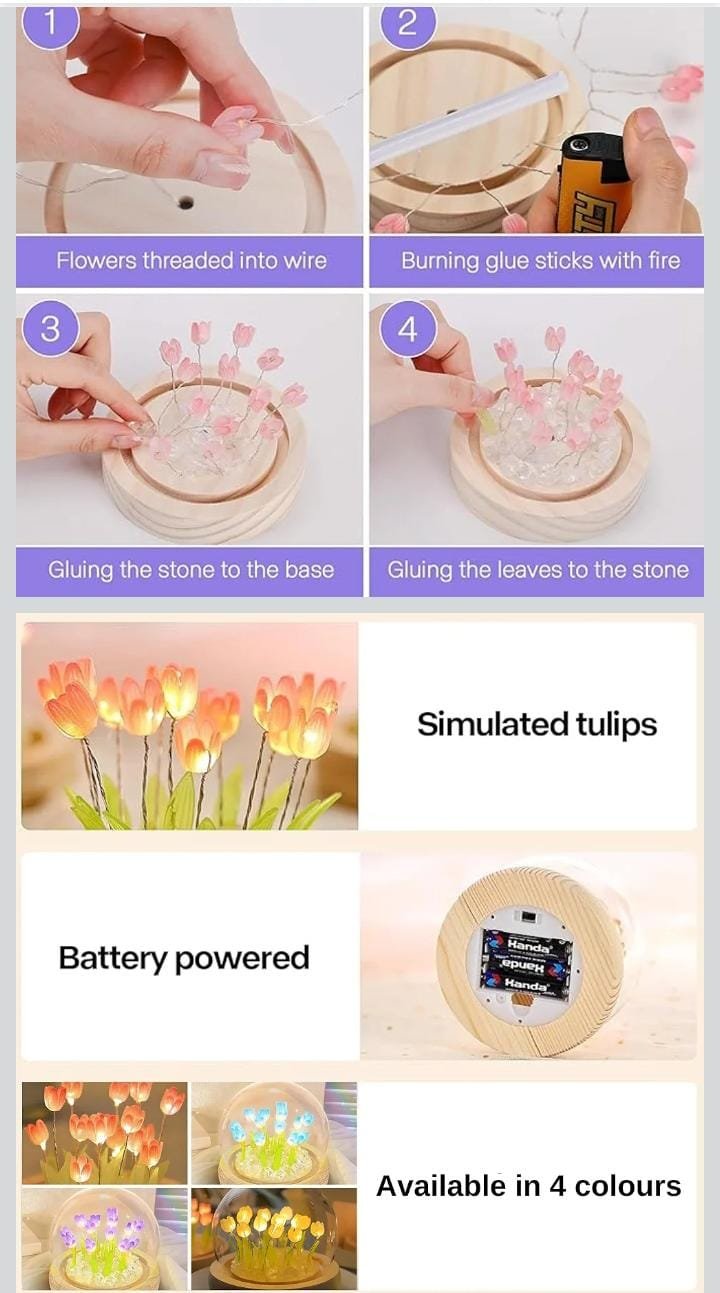 Tulip Night Light Dome Lamp – Soft LED Flower Light with Wooden Base | Romantic Bedside & Gift Lamp - Image 3