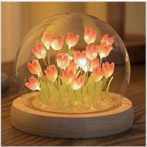 Tulip Night Light Dome Lamp – Soft LED Flower Light with Wooden Base | Romantic Bedside & Gift Lamp