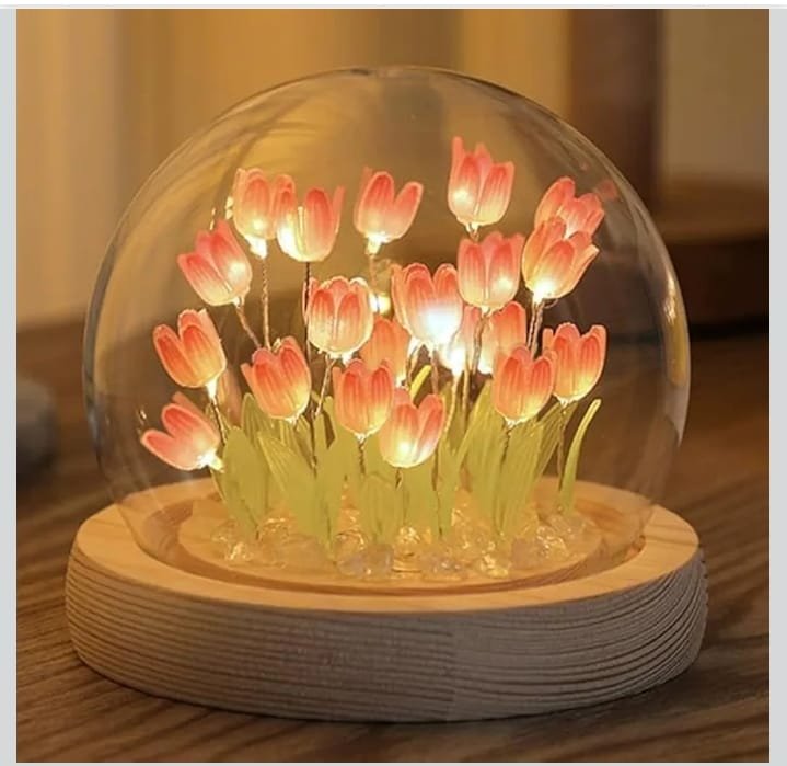 Tulip Night Light Dome Lamp – Soft LED Flower Light with Wooden Base | Romantic Bedside & Gift Lamp