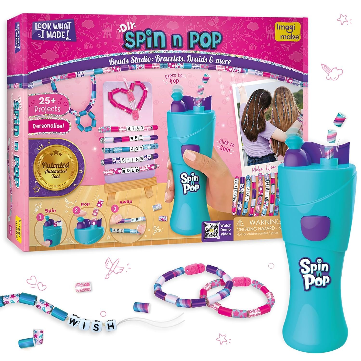 DIY Spin n Pop Beads Studio Kit for Girls | Bracelet, Necklace, Hair Braids & More | Creative Jewelry Making Set with 25+ Projects | Perfect Gift for Kids Ages 6+