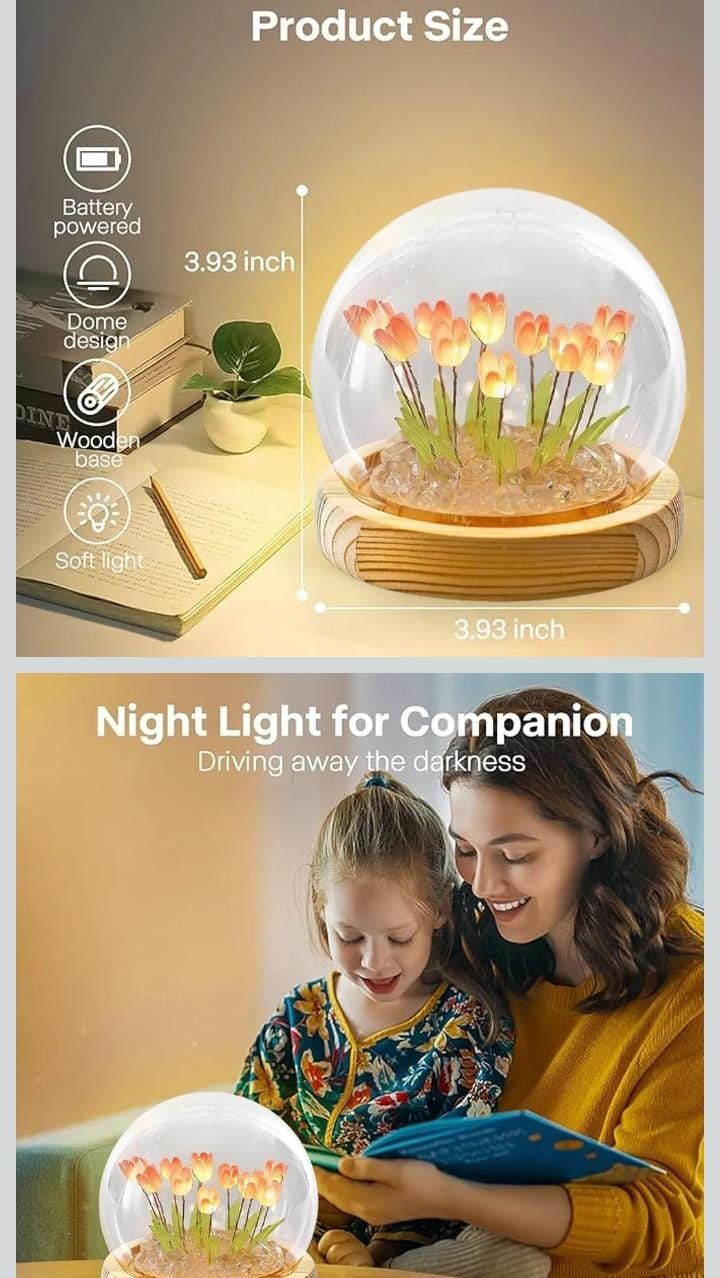 Tulip Night Light Dome Lamp – Soft LED Flower Light with Wooden Base | Romantic Bedside & Gift Lamp - Image 2