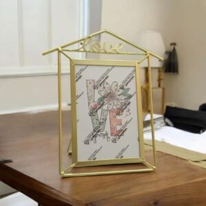 Golden Love Photo Frame | Decorative House-Shaped Metal Frame for Home & Gift